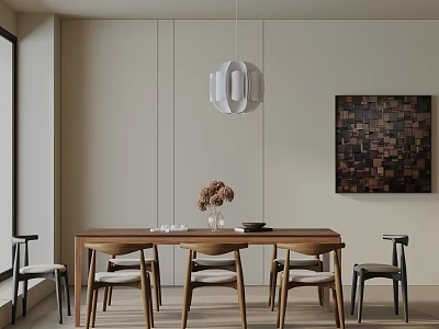 Minimalist Modern Wooden Dining Table Set With Matching Chairs Pendant Light And Wall Art 3d model