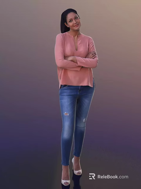 Woman In Pink Top And Distressed Blue Jeans Standing With Arms Crossed 3d model 
