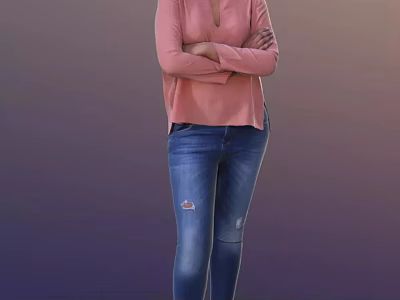 Woman In Pink Top And Distressed Blue Jeans Standing With Arms Crossed 3d model