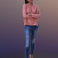 Woman In Pink Top And Distressed Blue Jeans Standing With Arms Crossed