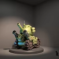 Green Cartoon Tank Model Display On Gray Platform With Toy Design Features