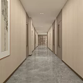 Modern Elevator Corridor With Light Walls Marble Flooring And Art Paintings 3d model