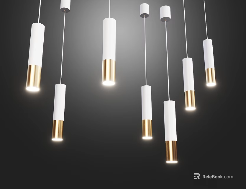 Modern White and Gold Cylindrical Pendant Lights Hanging in Minimalist Space 3d model 