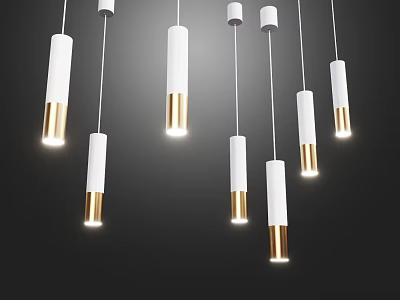 Modern White and Gold Cylindrical Pendant Lights Hanging in Minimalist Space 3d model