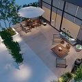 Modern Clubhouse Exterior Featuring Glass Facade Wooden Deck Plants And Interior Lounge Seating
