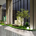 Outdoor Interactive Area With Green White Banner Flags Lawn Tables Chairs Tent And Green Plants