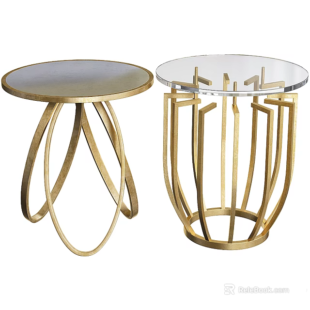 Two Modern Round Side Tables with Gold Metal Frame and Clear Glass Top 3d model 