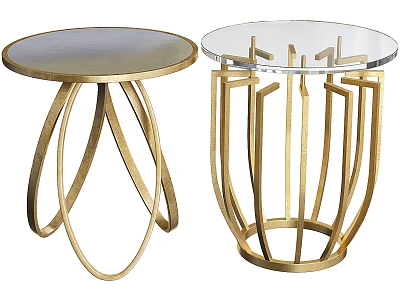 Two Modern Round Side Tables with Gold Metal Frame and Clear Glass Top 3d model