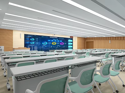 School Modern Classroom With Neat Desks Chairs Large Screen Displaying Data Charts And Wooden Walls 3d model