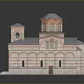 Church Style Building With Dome Blue Roof Red Brick White Stripes Crosses And Stepped Entrance