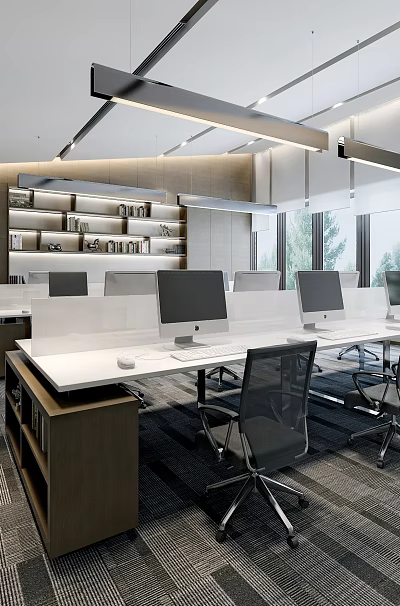Modern Public Office Space With Open Layout Work Desks Computers And Office Chairs 3d model