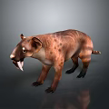 Saber Toothed Prehistoric Mammal With Brown Striped Fur Standing And Open Mouth Showing Fangs