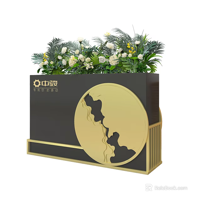 Black Decorative Garden Planter with Gold Circular Design White Yellow Flowers Green Foliage 3d model 