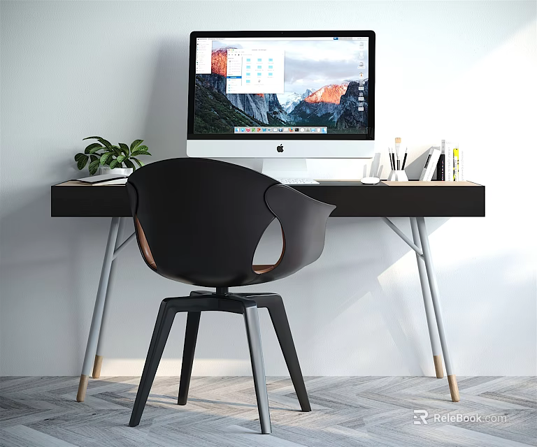 Modern Office Desk Setup With Monitor Potted Plant Stationery And Chair 3d model 