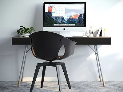 Modern Office Desk Setup With Monitor Potted Plant Stationery And Chair 3d model