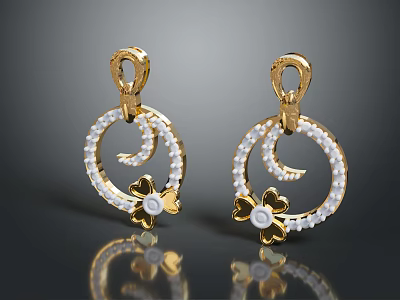 Delicate Golden Earrings Featuring Pearl Accents Moon Shape And Flower Details 3d model