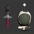 Red Feathered Armored Character And Egg Shaped Creature With Green Shell And Yellow Horns