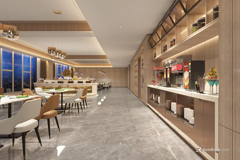 Modern Restaurant Interior Design With Spacious Dining Area Large Windows Tables Chairs And Buffet Counter 3d model 
