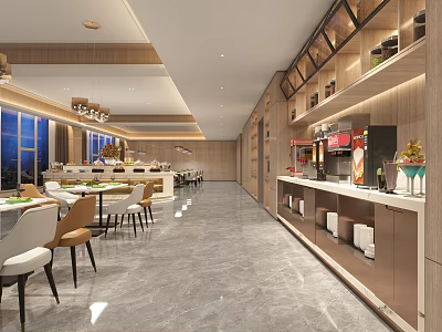 Modern Restaurant Interior Design With Spacious Dining Area Large Windows Tables Chairs And Buffet Counter 3d model