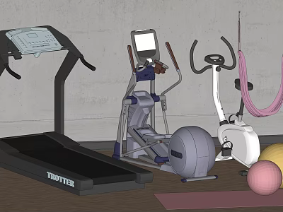 Diverse Fitness Equipment Setup With Treadmill Elliptical Trainer Exercise Bike Yoga Ball And Mat 3d model