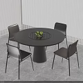 Modern Round Dining Table Set With Four Black Chairs Fruit Bowl And Window Blinds
