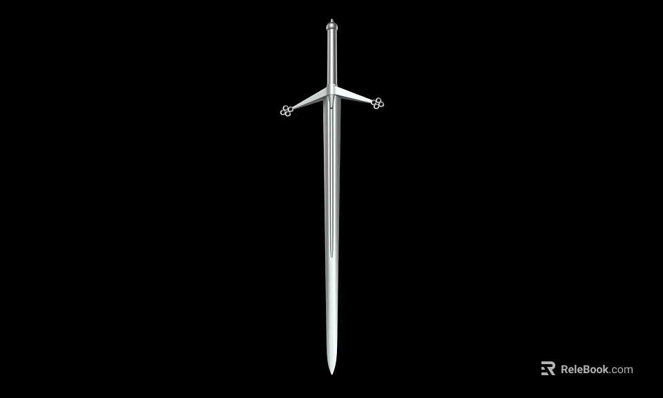 Silver Medieval Sword With Crossguard And Sharp Blade On Black Background 3d model 