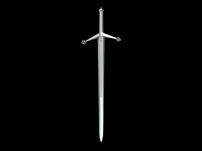 Silver Medieval Sword With Crossguard And Sharp Blade On Black Background 3d model