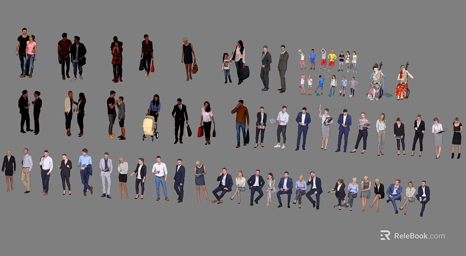 Group of Diverse People Standing Walking and Sitting in Various Clothing Styles 3d model 