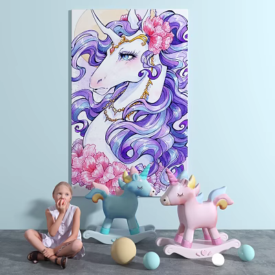 Vibrant Unicorn Painting with Purple Mane Pink Flowers and Golden Necklace Near Girl and Toy Unicorns 3d model