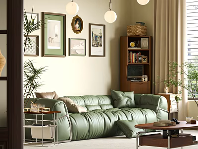 Stylish Retro Green Leather Sofa And Wooden Coffee Table Set For Cozy Bright Living Room 3d model