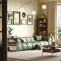 Stylish Retro Green Leather Sofa And Wooden Coffee Table Set For Cozy Bright Living Room