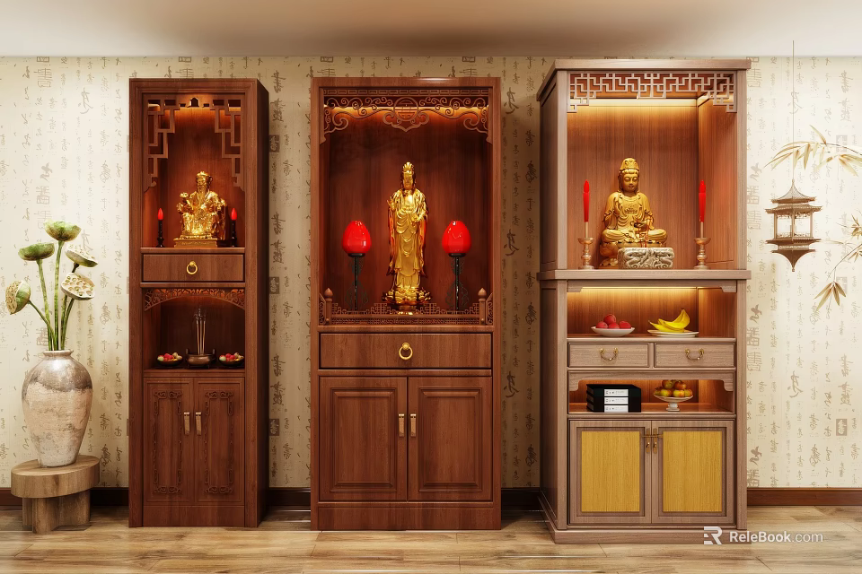 Traditional Chinese Wooden Buddhist Shrine Cabinet With Golden Buddha Statues And Red Candles 3d model 