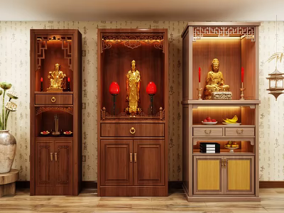 Traditional Chinese Wooden Buddhist Shrine Cabinet With Golden Buddha Statues And Red Candles 3d model