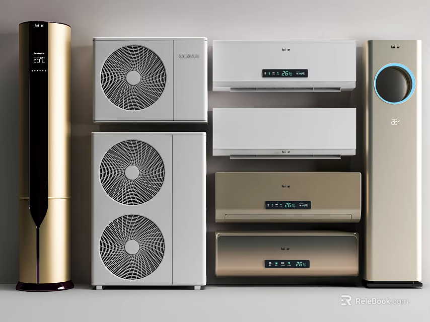 Assorted Air Conditioner Fans In Gold White And Beige With Digital Displays 3d model 