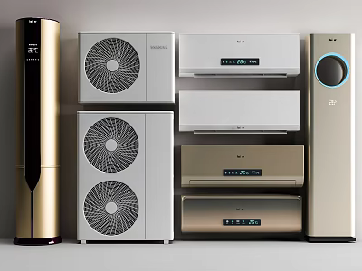 Assorted Air Conditioner Fans In Gold White And Beige With Digital Displays 3d model