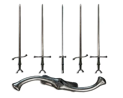 Antique Weapons Collection Featuring Five Various Style Swords And Curved Metal Component 3d model