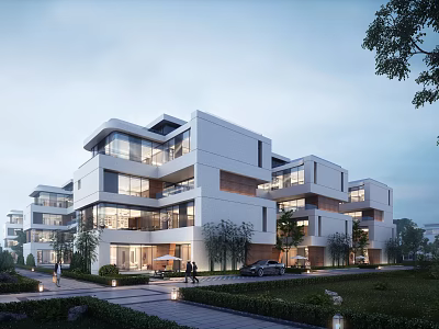 Modern Townhouse Exterior Design With White Facade Large Glass Windows And Landscaped Garden 3d model