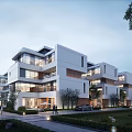 Modern Townhouse Exterior Design With White Facade Large Glass Windows And Landscaped Garden
