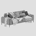 Grey Two Seater Sofa with Plush Cushions Fur Throw and Metal Legs