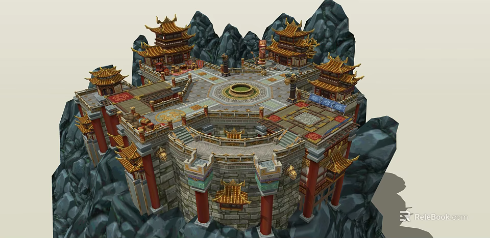 Ancient Chinese Architecture With Golden Roofs Circular Platform And Surrounding Mountains 3d model 