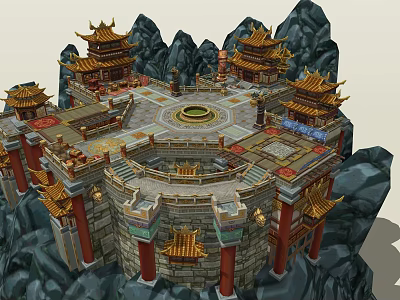 Ancient Chinese Architecture With Golden Roofs Circular Platform And Surrounding Mountains 3d model