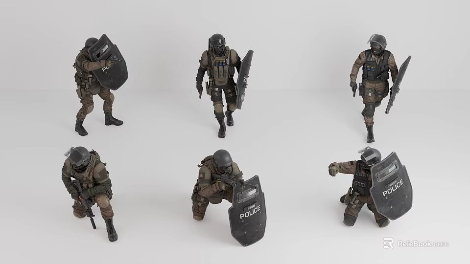 Game Movie Characters In Tactical Gear With Police Shields And Various Poses 3d model 