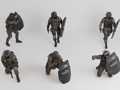 Game Movie Characters In Tactical Gear With Police Shields And Various Poses 3d model