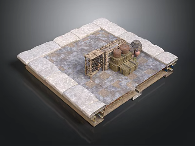 Military Camp Scene Platform With Stone Border Wooden Crates And Fuel Barrels 3d model