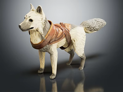 White Dog with Brown Leather Harness 3D Model Sculpture on Gray Background 3d model