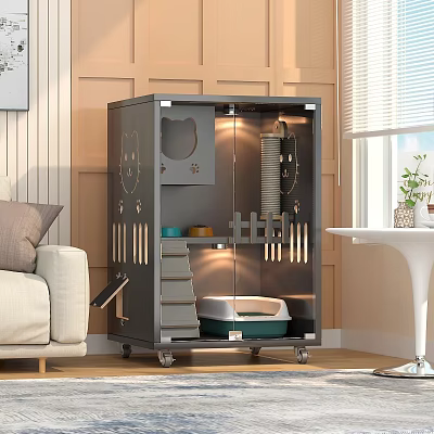 Modern Living Room Interior Design With Wheeled Cat Cage Cat Bowls Litter Box And Lights 3d model
