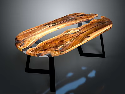 Modern Wooden Table With Transparent Resin Inlay And Black Metal Legs 3d model