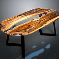 Modern Wooden Table With Transparent Resin Inlay And Black Metal Legs