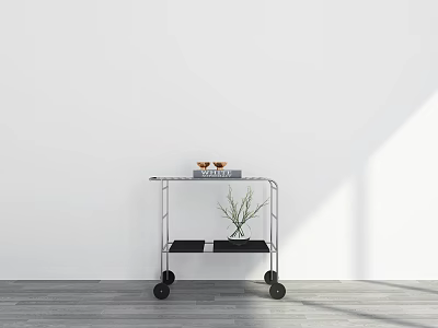 Minimalist Space with White Wall Gray Floor Metal Cart Wine Glasses Books and Green Plant 3d model