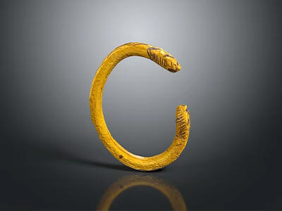 Yellow C Shaped Bracelet With Snake Head Design And Textured Surface 3d model